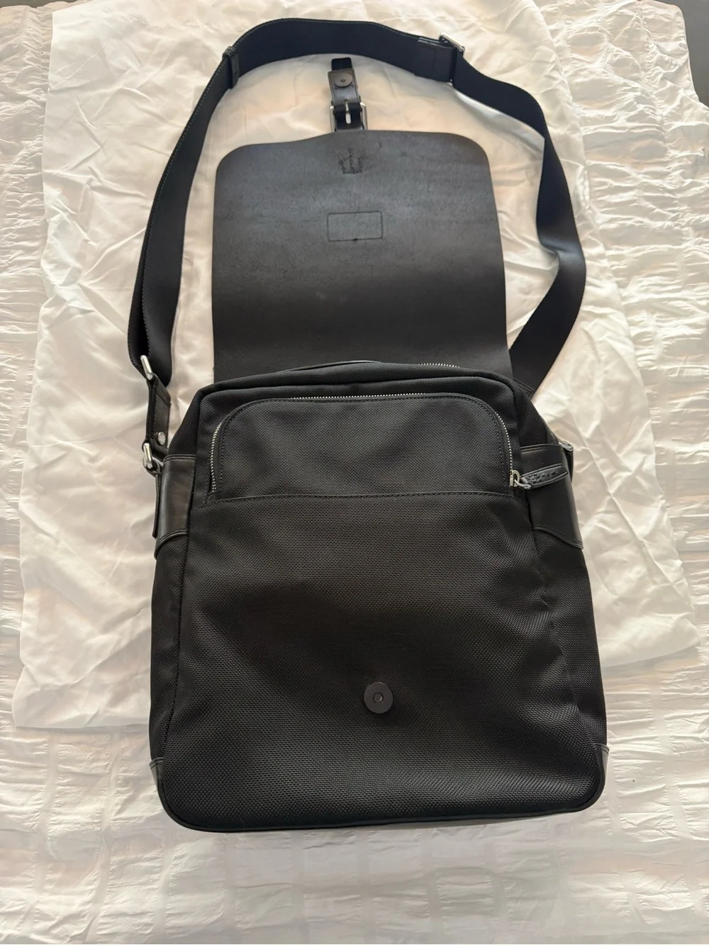 TUMI Black Leather & Ballistic Nylon Messenger Bag